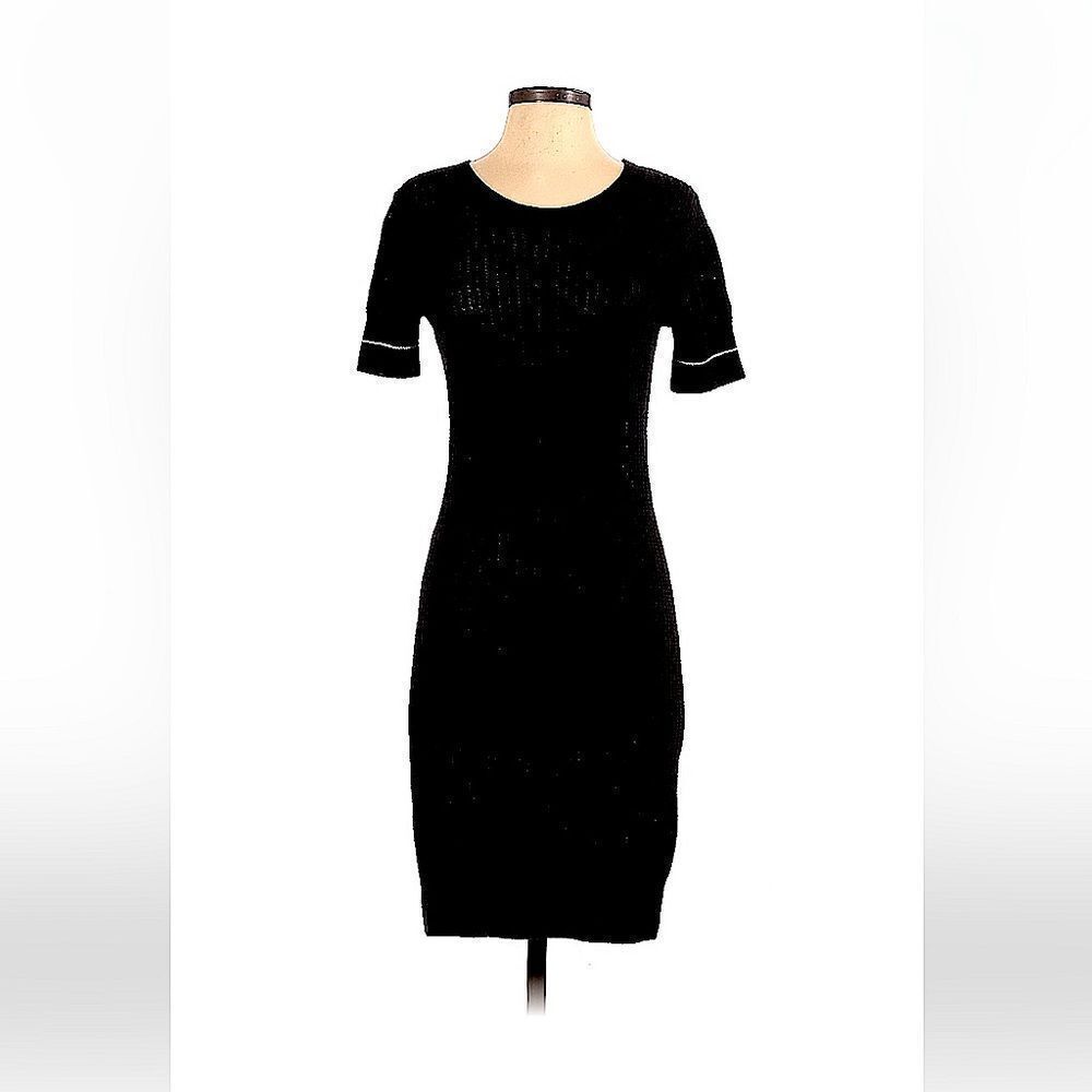 Slate & Stone Black Ribbed Knit Linen Cotton Round Neck Midi Dress Sz Small